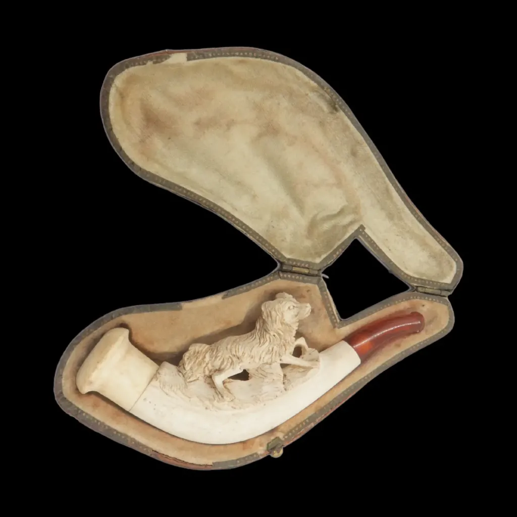 Carved White Stone and Amber Smoking Pipe with Dog Figure in Original Case – 19th Century European Craftsmanship - preview photo 3123