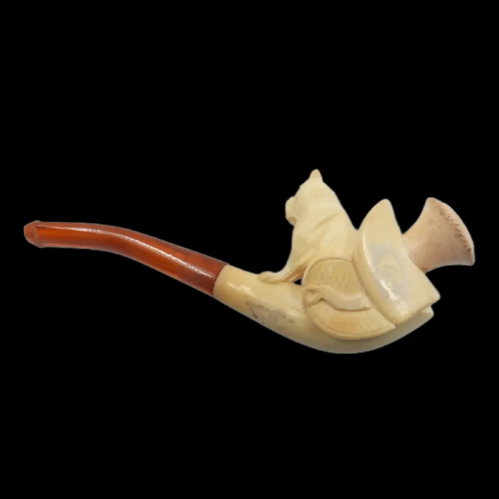 White Stone and Amber Smoking Pipe with Seated Bulldog – 19th Century European Master Carving - preview photo 2123