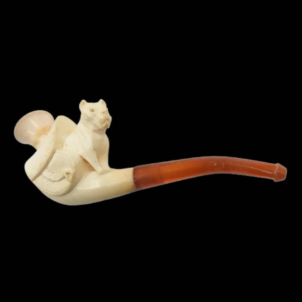 White Stone and Amber Smoking Pipe with Seated Bulldog – 19th Century European Master Carving