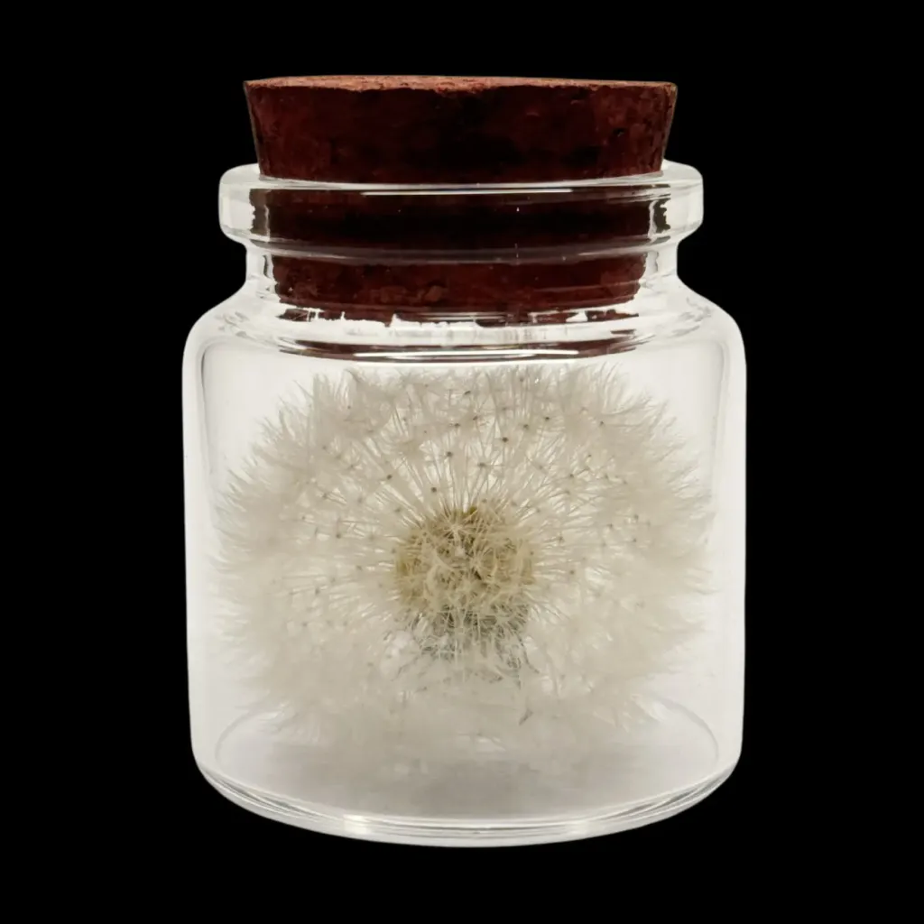 Miniature Marvel – Preserved Dandelion in Glass Bottle, 6 cm High