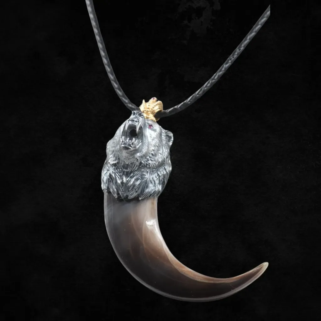 Regal Predator: Grizzly Bear Claw Pendant with Ruby Eyes and Gilded Crown 24K gold and Silver - preview photo 1123