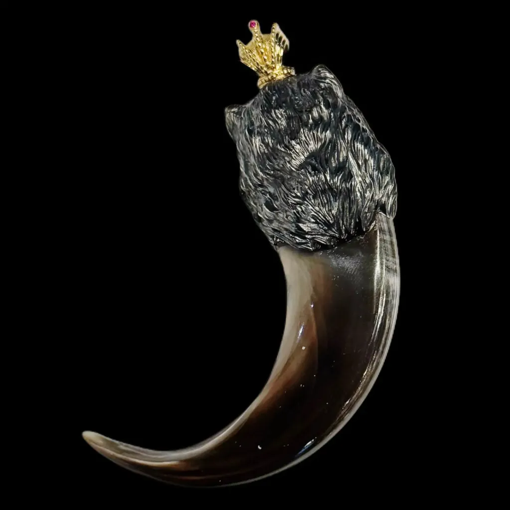 Regal Predator: Grizzly Bear Claw Pendant with Ruby Eyes and Gilded Crown 24K gold and Silver - preview photo 2123