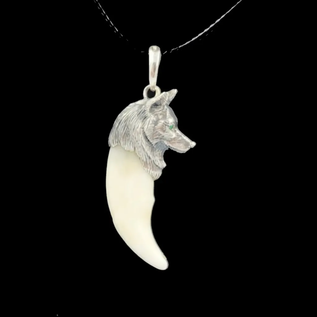 Real Wolf Tooth Pendant with Sculpted Wolf Head - preview photo 1123