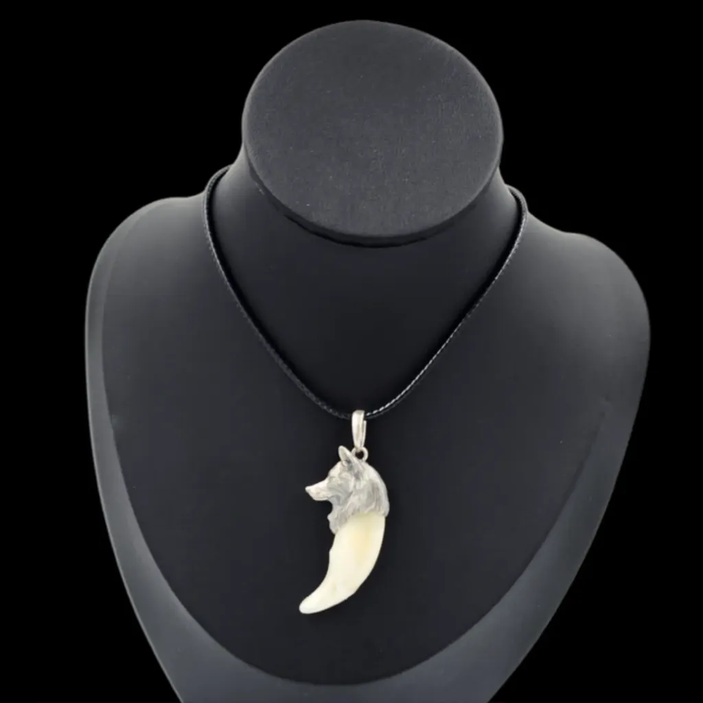 Real Wolf Tooth Pendant with Sculpted Wolf Head - preview photo 3123