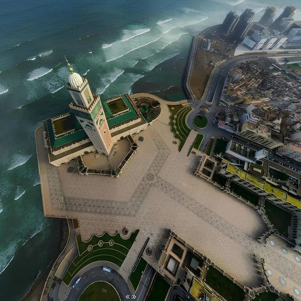 Aerial view of the Hassan II Mosque and the Atlantic coast in Casablanca