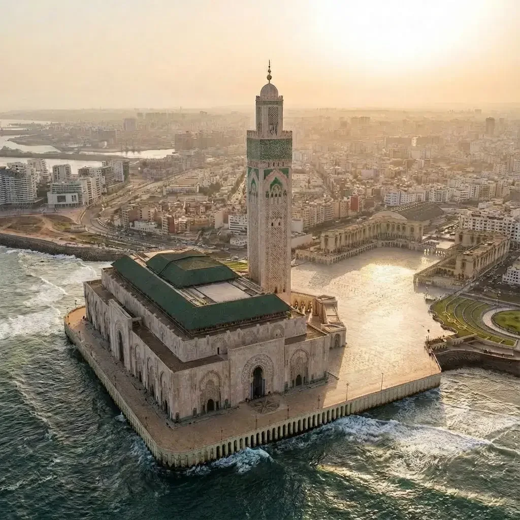 Hassan II Mosque with its minaret on the Atlantic shore of Casablanca at sunset