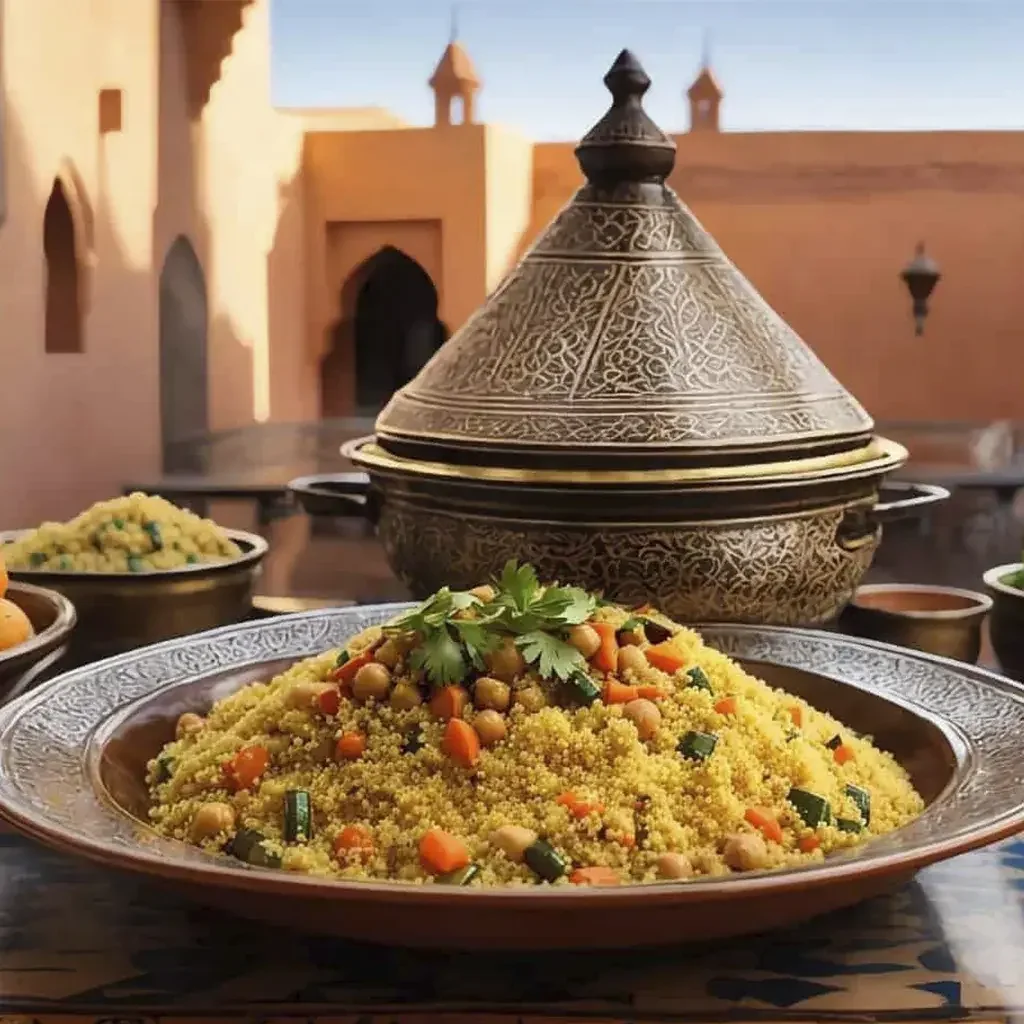 Moroccan tagine and a plate of couscous with vegetables