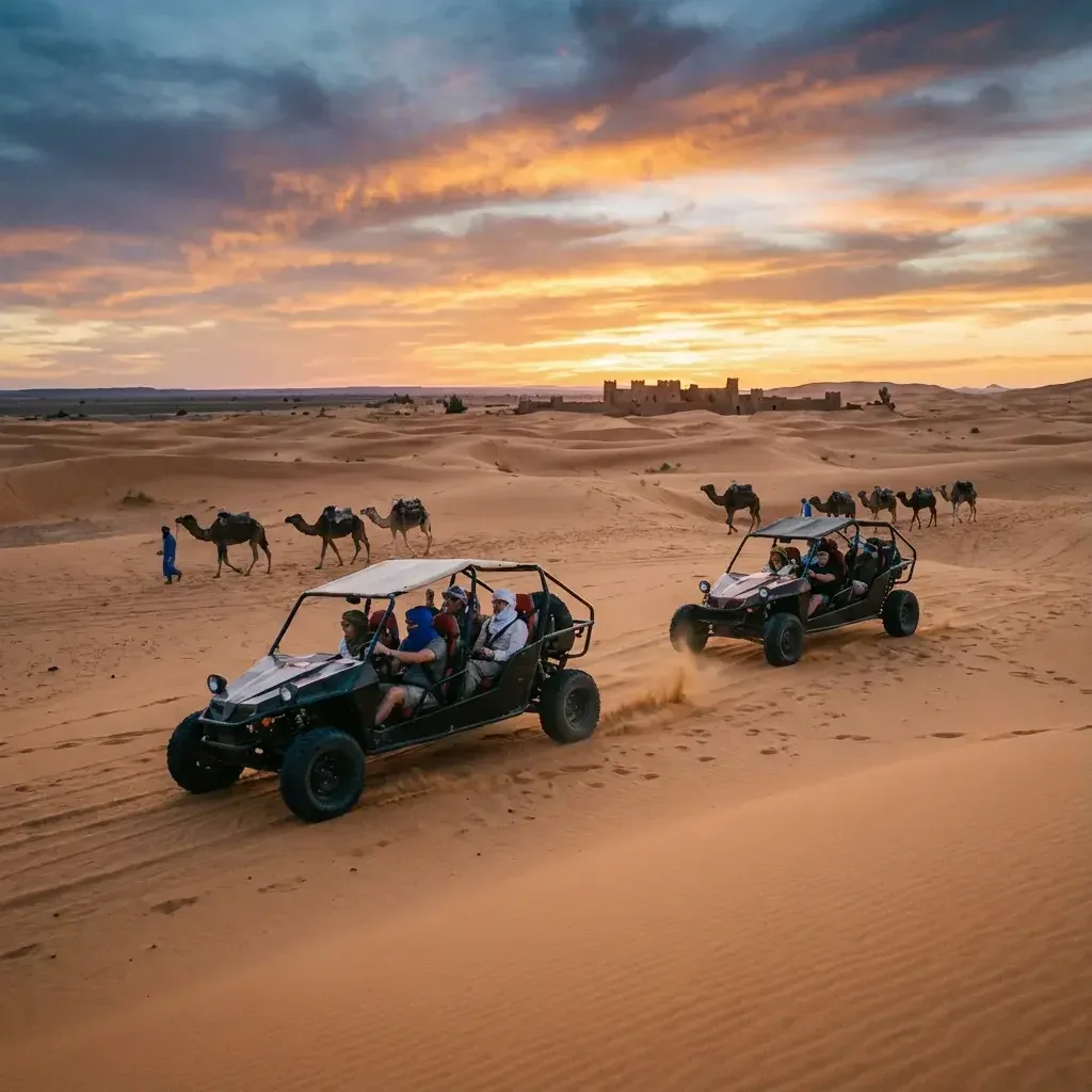 Buggies driving across sand dunes at sunset with a camel caravan in the distance