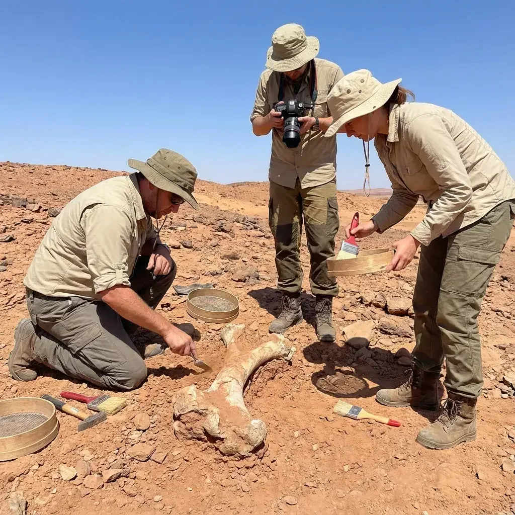 Two members of an expedition examining a large fossil bone found in red desert ground