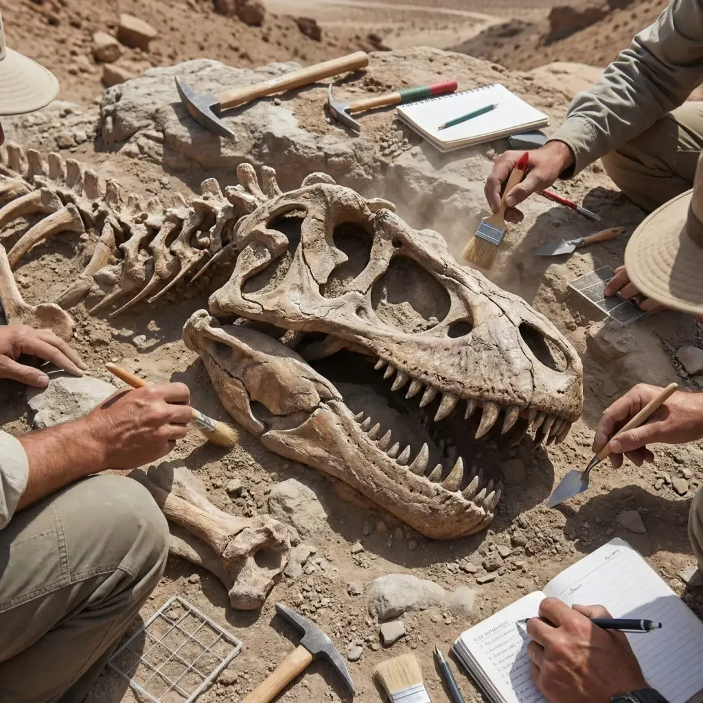 Paleontologists uncovering a dinosaur skeleton with brushes and tools at an excavation site