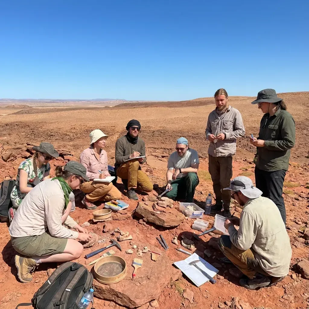 Group of participants working together at a fossil site in the desert