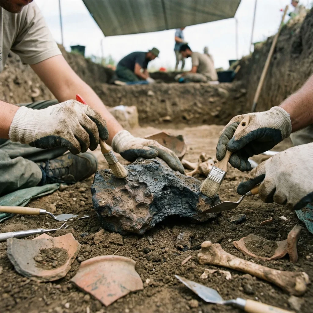 Hands brushing soil from bones and fragments at an archaeological and fossil dig site
