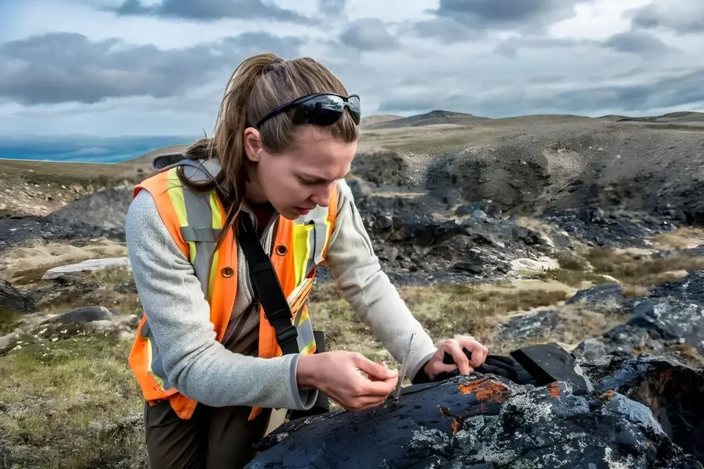 Geologist in a high-visibility vest examining a dark rock on a hillside