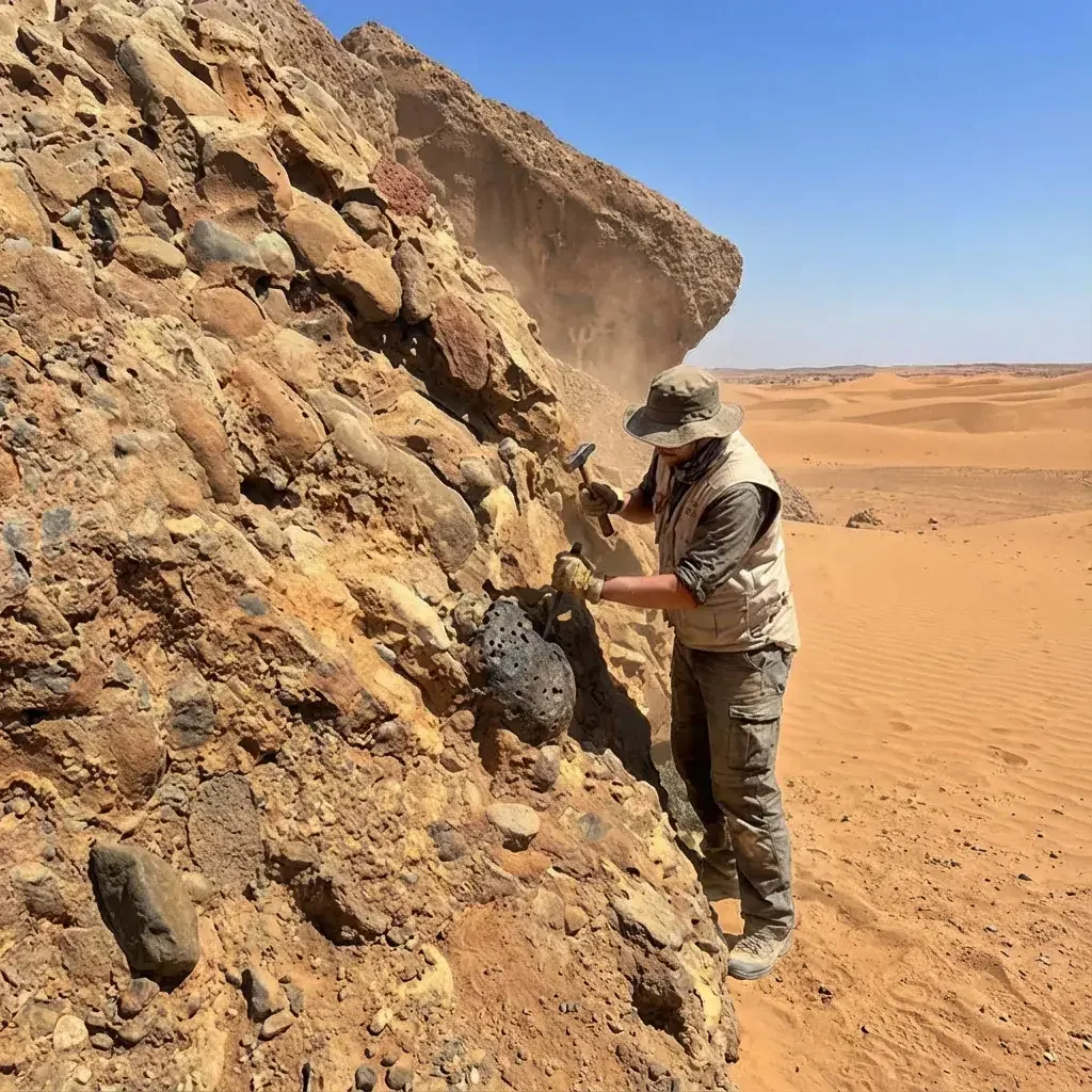 Person examining a rock face in the desert while searching for meteorites