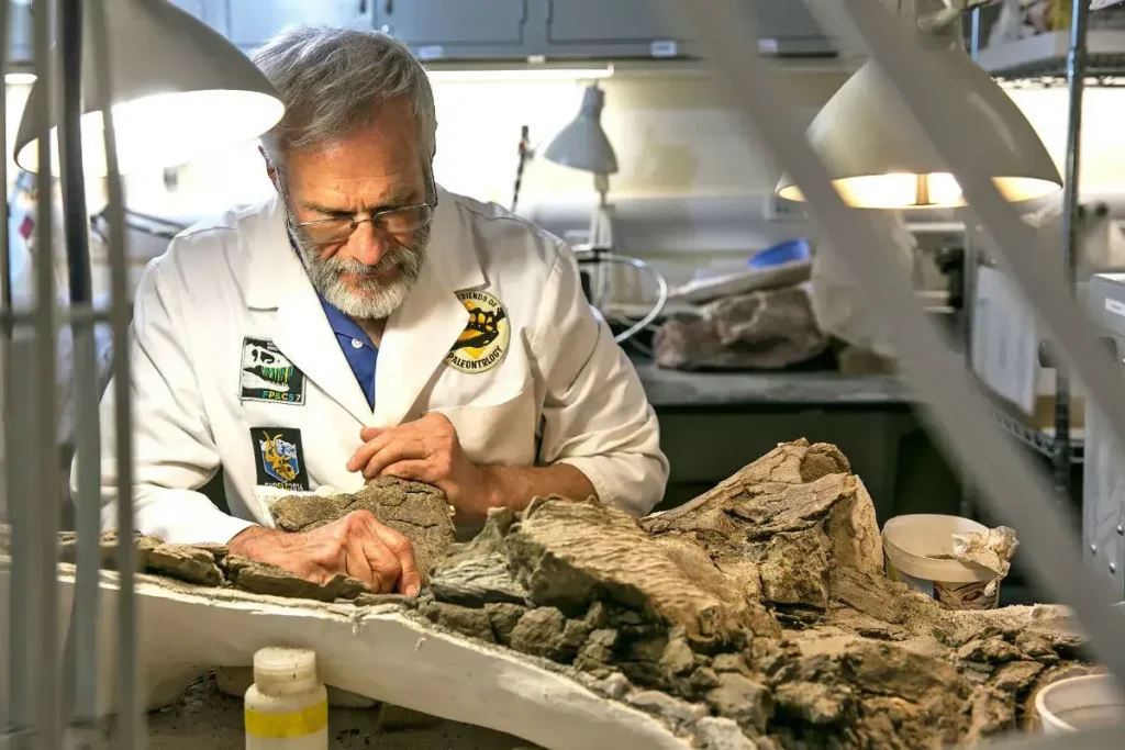 Paleontologist in a lab coat preparing a fossil specimen at a workbench