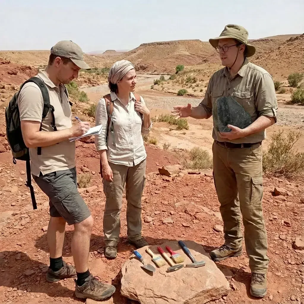 Three people in field clothes talking on red desert ground before an excavation