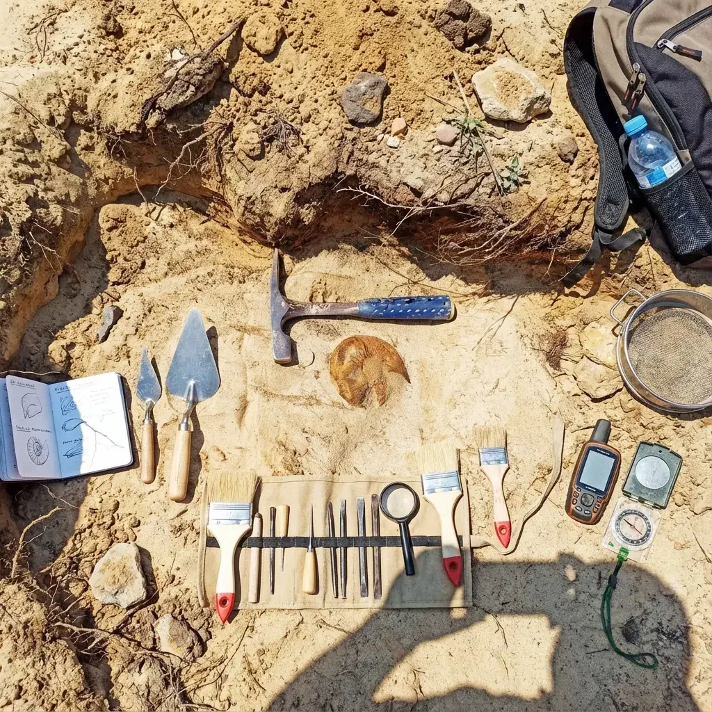 Excavation tools laid out beside a fossil dig: hammer, brushes, trowels and sieve